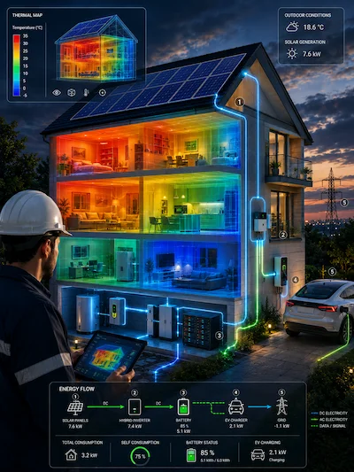 Thermal energy simulation cutaway of a house with solar, battery and heat pump