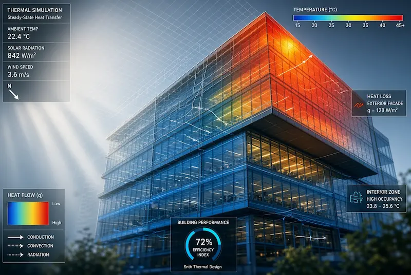 Thermal energy simulation cutaway of a building