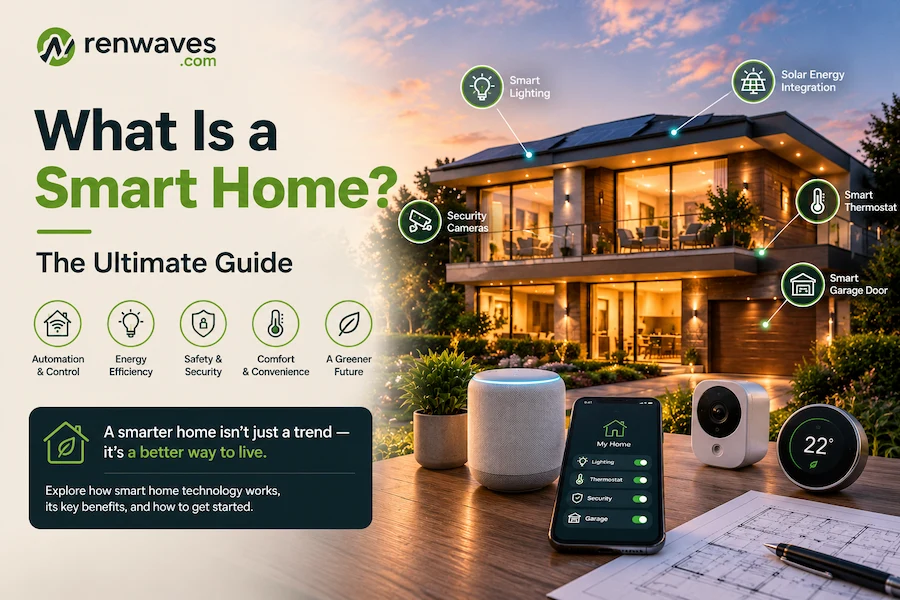 Smart home guide cover showing automation, energy efficiency, security, and solar integration