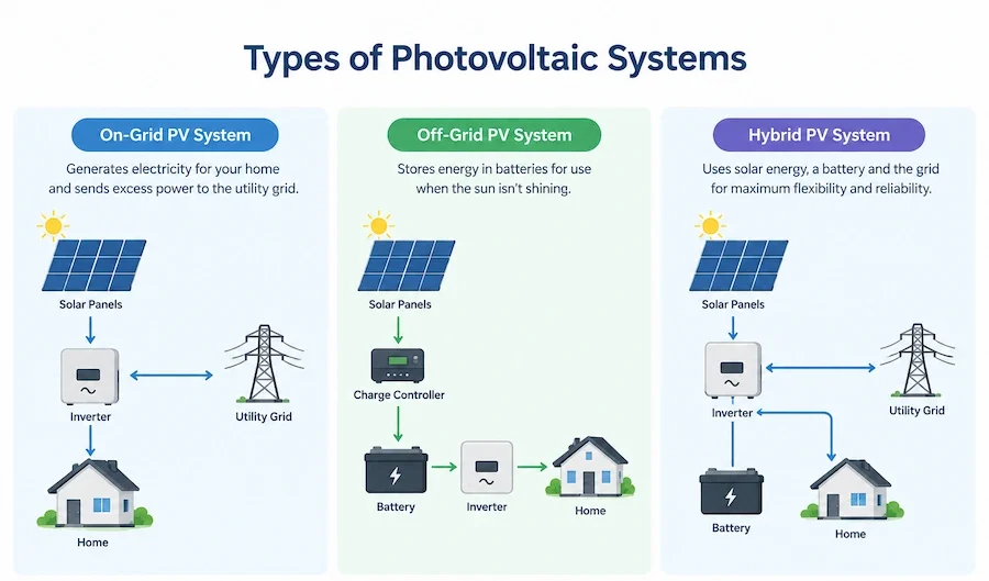 Types of PV systems: grid-connected, stand-alone, or hybrid